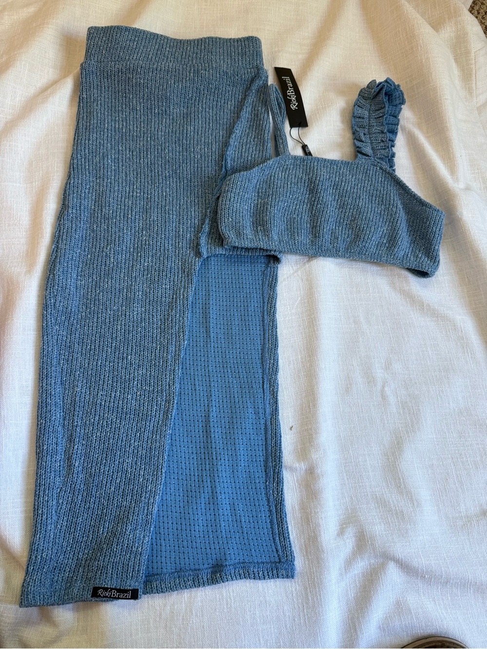 Ribbed Knit Bandeau & Skirt Set - Blue